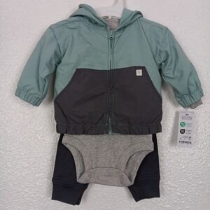 Carters Baby Outfit Size 3M Hoodie Jacket Romper Leggings Gray Green 3-Pieces